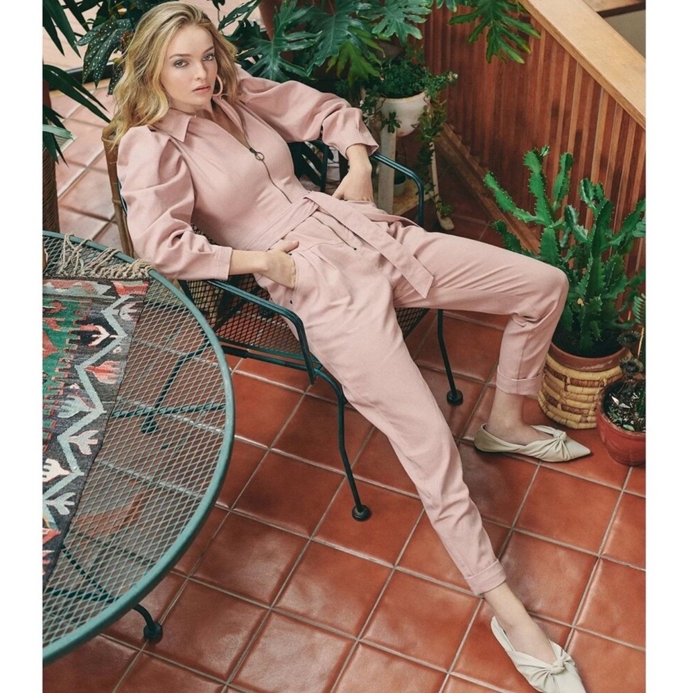 Choosy Women Dusty Rose Pink Puff Sleeve Zip Front Utility Jumpsuit Size 8 NWT